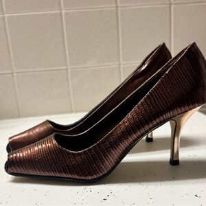 Metallic Bronze Textured Peep-Toe Heels for Women